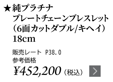 純プラチナ プレートチェーンブレスレット（6面カットダブル/キヘイ）18cm ★販売レート P38.0 参考価格￥452,200（税込）