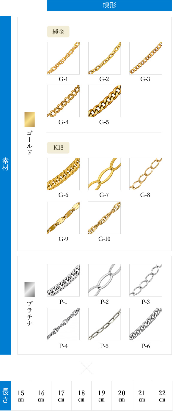 チェーンのデザイン・素材・長さ一覧
