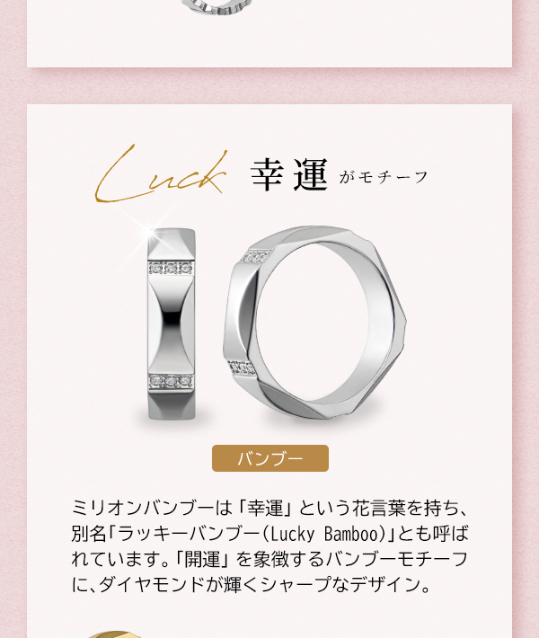 Luck 幸運がモチーフ［バンブー］ミリオンバンブーは「幸運」という花言葉を持ち、別名「ラッキーバンブー（Lucky Bamboo）」とも呼ばれています。「開運」を象徴するバンブーモチーフに、ダイヤモンドが輝くシャープなデザイン。