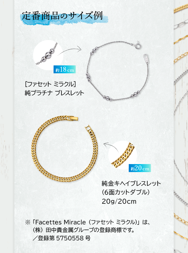 定番商品のサイズ例 約18cm [ファセット ミラクル] 純プラチナ ブレスレット 約20cm 純金キヘイブレスレット （6面カットダブル）20g/20cm ※ 「Facettes Miracle（ファセット ミラクル）」は、（株）田中貴金属グループの登録商標です。／登録第5750558号