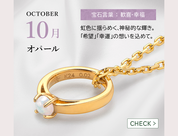 OCTOBER 10月 オパール 宝石言葉 ： 歓喜・幸福 虹色に揺らめく、神秘的な輝き。「希望」「幸運」の想いを込めて。CHECK >